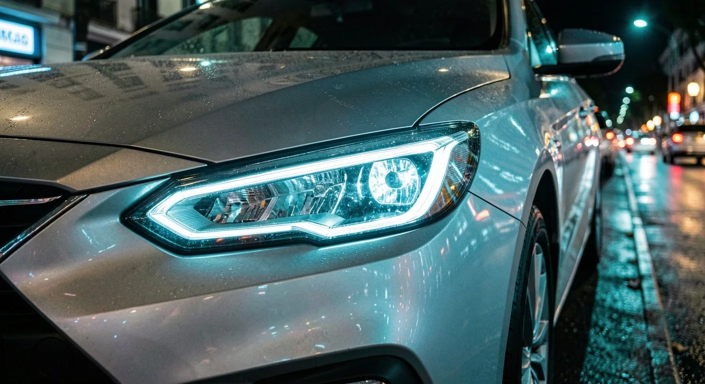 Detalle de automóvil moderno en ambiente urbano nocturno
