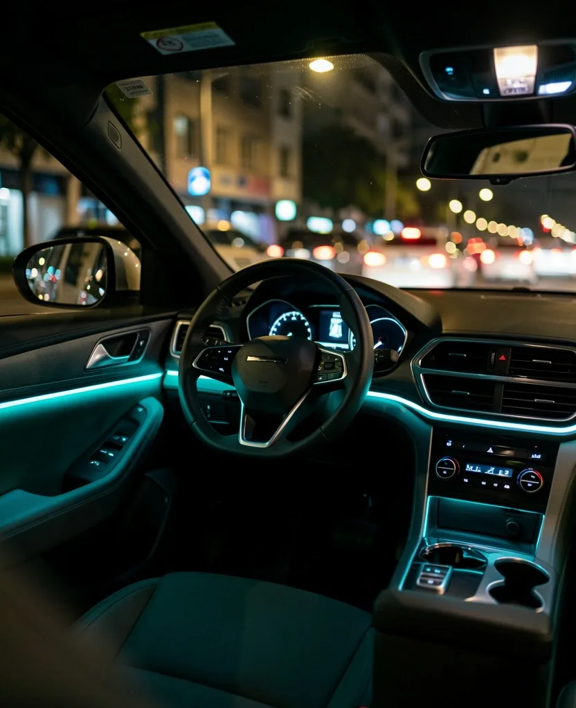 Panel de instrumentos de automóvil moderno con iluminación ambiental