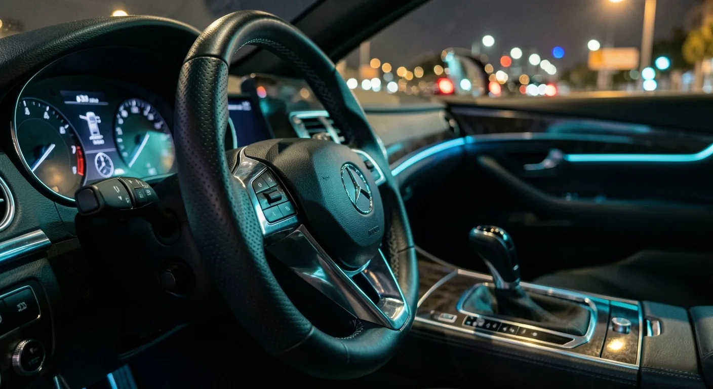 Interior de tablero de auto con iluminación cyan