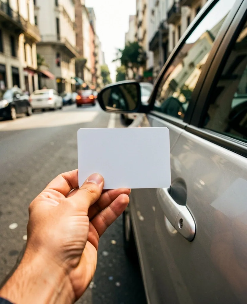 Mano sosteniendo licencia de conducir junto a puerta de auto